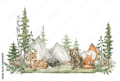 Fototapeta Akvarelová kompozícia s lesnými zvieratami 495898157